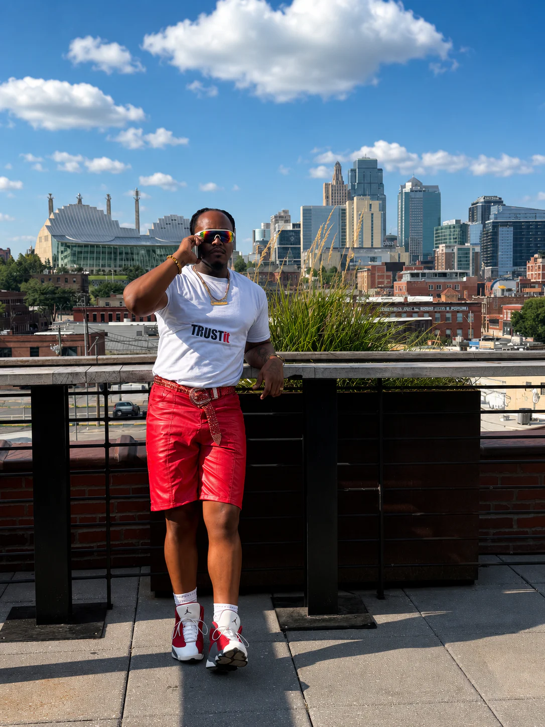 Trust It Shirt front worn on a rooftop
